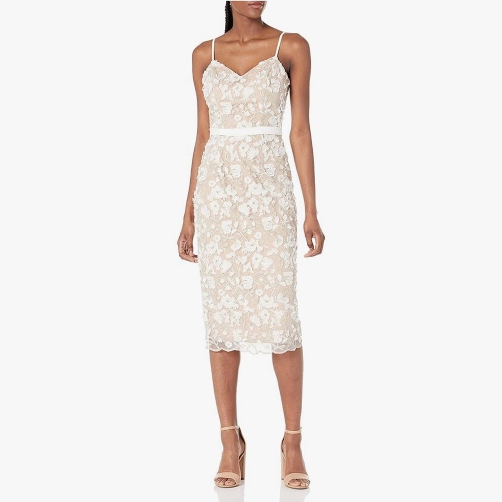 NWT DRESS THE POPULATION Emma Lace White Beige Sheath Dress Small Midi Prom